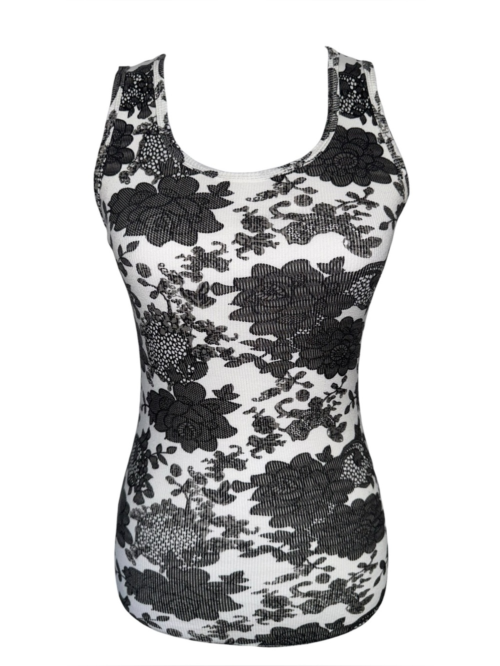 Poof Women’s Medium Black‎ White Floral Tank Top Ribbed Stretch Sleeveless Y2K